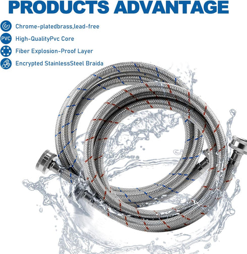 Stainless Steel Washing Machine Hoses, 4ft - 2 Packs Braided Premium Washer Supply Lines for Hot and Cold Water