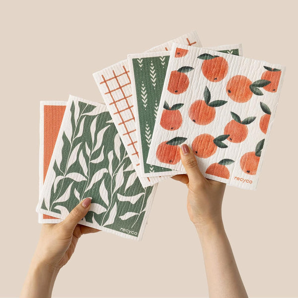 RECYCO Swedish Dishcloths for Kitchen | 5 Pack Peachy Leaves Washable Dish