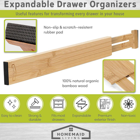Homemaid Living Adjustable Bamboo Drawer Organizer - Expandable Drawer Dividers Set of 4 for Kitchen, Dresser,