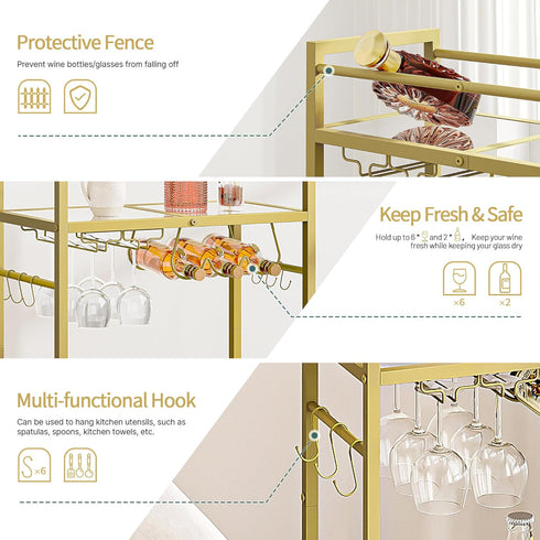 2 Bar Cart, Serving Cart for Home, Microwave Cart, Drink Cart, Wine Cart with Mirrored Shelves, Wine Holders, Glass