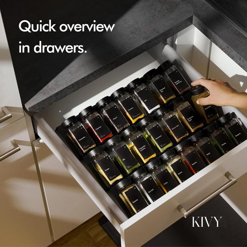 24 240 KIVY Spice Drawer Organizer with Spice Jars & Labels - Seasoning Rack for Organization - Kitchen Drawer Insert