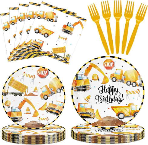 Funhax Construction Birthday Party Supplies,Truck Themed Celebration Tableware Set with Excavator Dump Truck