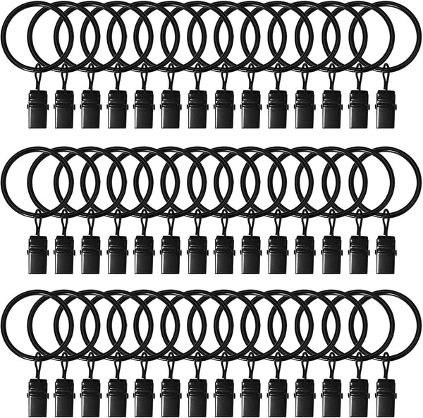 42 Pack Curtain Rings with Clips - 1.26" Interior Diameter Metal Drapery Rings Compatible with 1 inch Rods (Black)