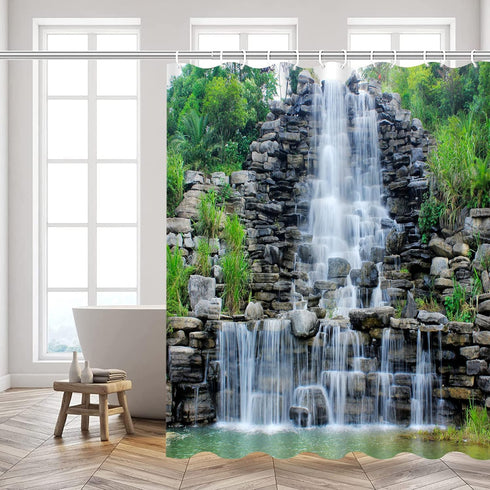 Waterfalls Shower Curtains Stone Rockery Landscapes Spring Green Plant Courtyard Garden Outdoor Scenery Bathroom Decor Polyester Fabric Curtain Set 70 x 70 Inch with Hooks by Yadshoti