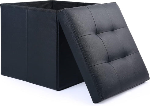 LotFancy Foldable Storage Ottoman, Small Leather Bench with Storage, 13x12x12 Inches, Holds up to 260 lb, Black