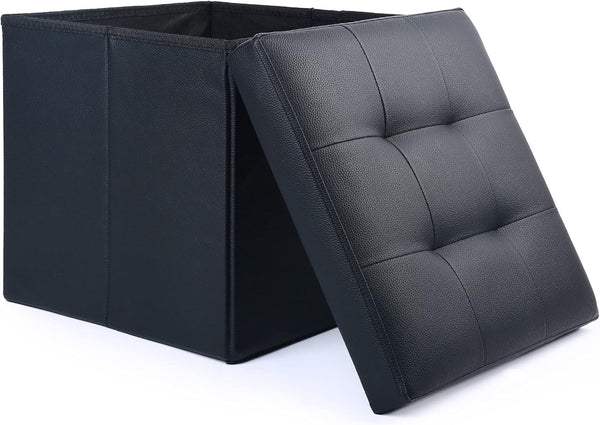 LotFancy Foldable Storage Ottoman, Small Leather Bench with Storage, 13x12x12 Inches, Holds up to 260 lb, Black