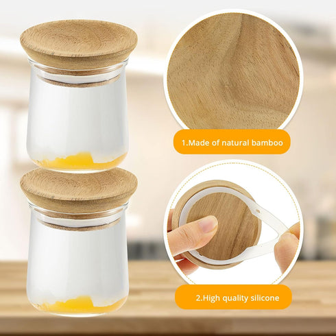 8 Pack Gueevin Yogurt Jar Lids Compatible with Oui Wooden Round Reusable Canning Cover with Silicone Sealing Ring