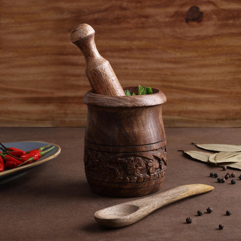 3.5 GoCraft Wooden Carved Mortar and Pestle | Grinder for Herbs, Spices and Kitchen Usage, Natural Mango Wood Engraved