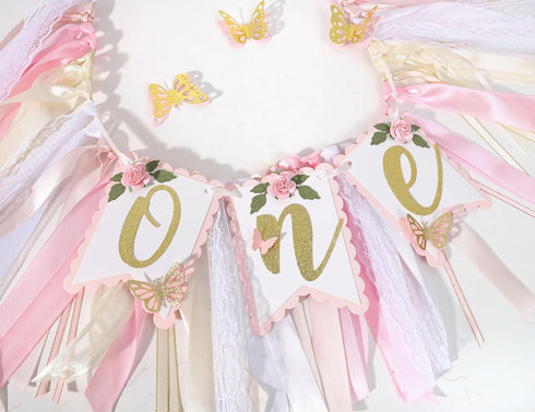 Agkvw 1st 1st Pink and Gold High Chair Banner- Floral and Butterfly One Highchair Banner, Birthday Party Decoration