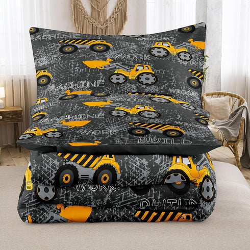 6 Set Set, Bag(1 1 1 2 1 Piece Construction Comforter Full, Truck Cars Excavator Tractor Dark Grey Bedding Soft