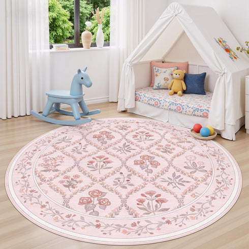 5ft Round Rug Washable Circle Rug Non Slip Low Pile Boho Floral Small Circular Rug for Bedroom, Bathroom, Entryway