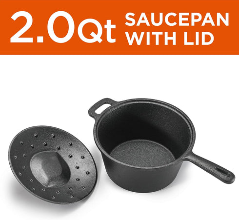 COMMERCIAL CHEF 2 Quart Cast Iron Saucepan, Dutch Oven with Lid and Looped Handle for Indoor & Outdoor Cooking
