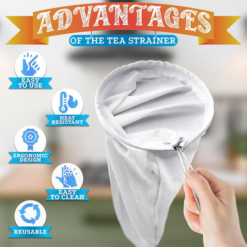 5.3" Large Thai Tea Strainer - Ultra Fine Mesh Cloth Strainer with Stainless Steel Handle, Reusable Coffee & Tea Filter