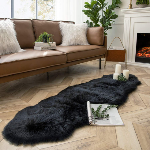 Ashler Faux Fur Rug, Black Area Rugs, Fluffy Sheepskin Fur Rug, 2 x 6 Ft, Machine Washable Shag Rug