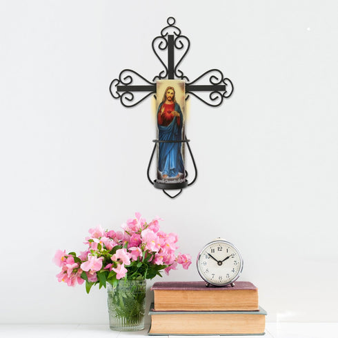 Stonebriar Decorative Scrolled Metal Cross Wall Sconce with Jesus LED Candle, Religious Gift Ideas for Friends