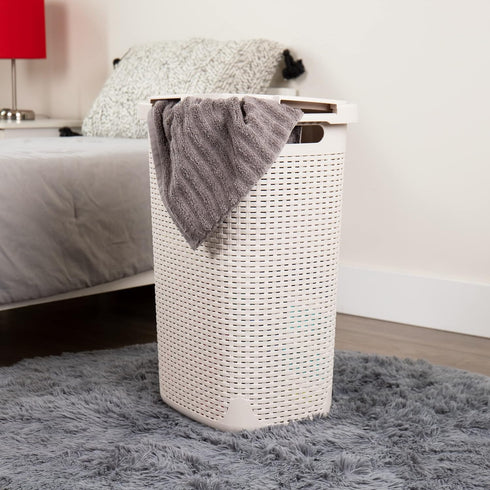 Mind Reader Slim Laundry Hamper with Lid, 60L Wicker Design, 17.65"L x 13.75"W x 24.15"H, Ivory