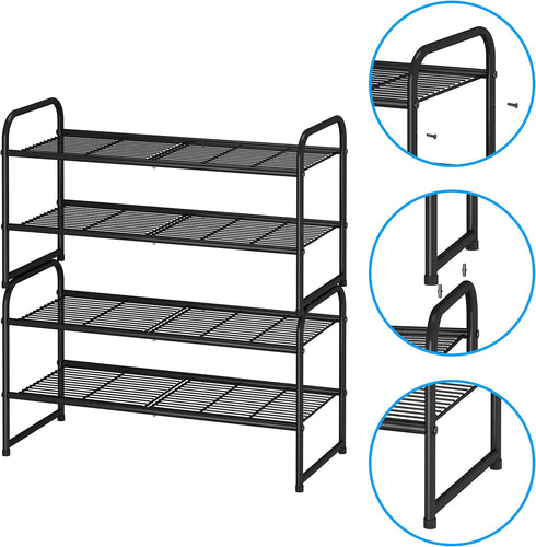 2-Tier Simple Trending Stackable Shoe Rack, Metal Shoe Shelf Storage Organizer, Black