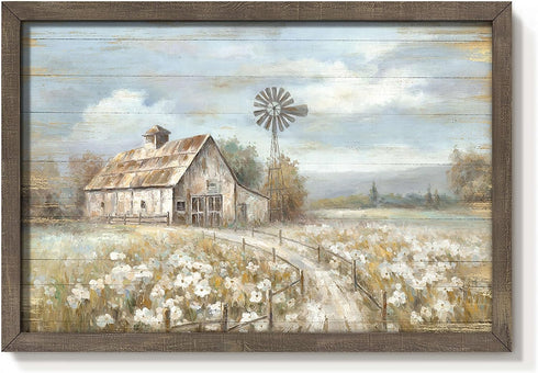 Barn Framed Wall Art Decor, Rustic Farmhouse Wooden Picture of Country Windmill Meadow Landscape Painting for Bedroom
