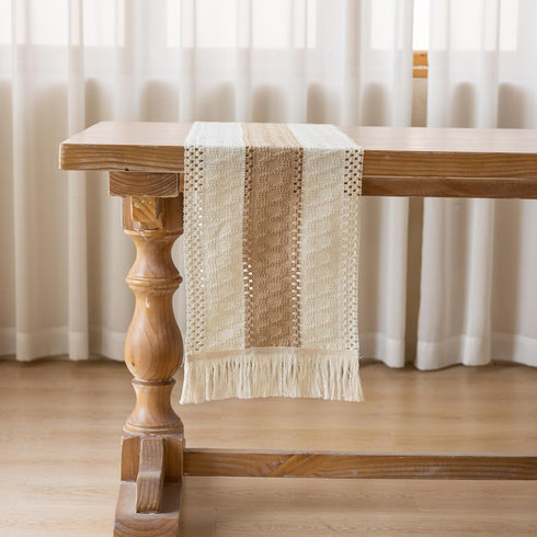 12x108 Inches Keketoarrange Boho Table Runner Cream Beige Brown for Home Decor Farmhouse Macrame Woven Burlap Jute
