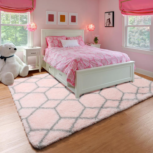 Moroccan Area Rug 4x6, Fluffy Pink and Grey Trellis Shaggy Rug for Girls Bedroom, Soft Plush Carpet for Living Room