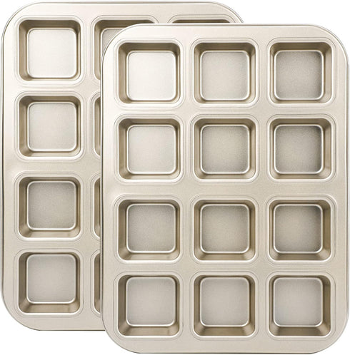 Beasea Brownie Pan with Dividers, 2 Set Gold All Edges Square Cupcake Pans, 12 Mini Cavity Non Stick Baking Mold