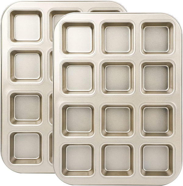 Beasea Brownie Pan with Dividers, 2 Set Gold All Edges Square Cupcake Pans, 12 Mini Cavity Non Stick Baking Mold