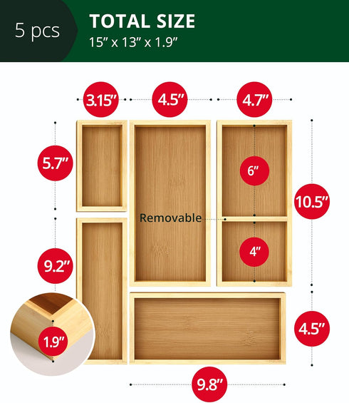 ROYAL CRAFT WOOD 5-Piece Bamboo Drawer Organizer Set - Multi-Use Storage Trays for Kitchen, Bathroom, Office, Makeup &