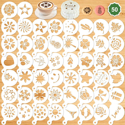 Konsait 50Pack Cake Stencil Templates, Reusable Baking Tools for Cake Cookies, Coffee Decorating Molds