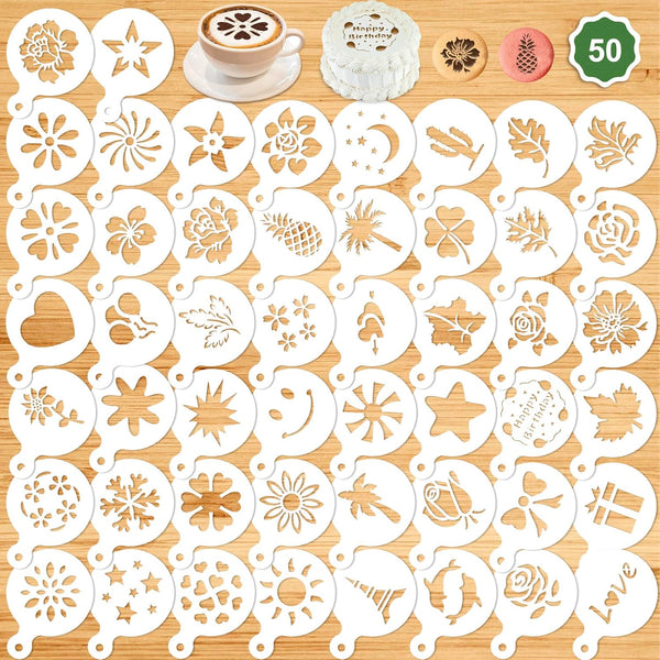 Konsait 50Pack Cake Stencil Templates, Reusable Baking Tools for Cake Cookies, Coffee Decorating Molds