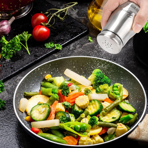 Accmor Salt and Pepper Shakers Set, 5oz Stainless Steel Seasoning Containers with Glass Bottom for Home Cooking