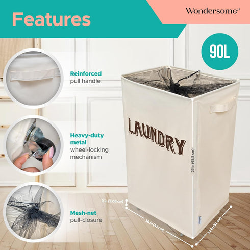 90-Liter Wondersome Laundry Hamper with Wheels - Farmhouse Cream - Extra Large Collapsible Rolling Clothes Cart - Heavy