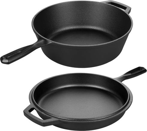 Pre-seasoned Cast Iron Double Dutch Oven Pot with Skillet Lid, 3 Quart for Bread Baking and Campfire Cooking.