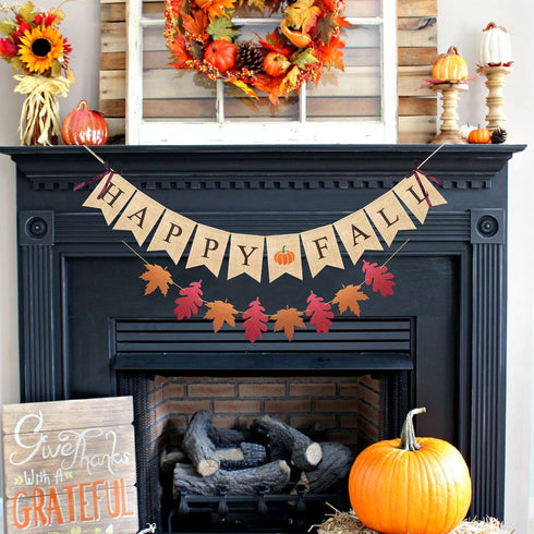 Uniwish Happy Fall Banner with Pumpkin Maple Leaves Sign, Garland Fall Thanksgiving Day Decorations for Mantle Fireplace