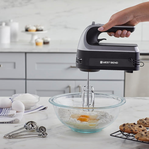 West Bend Hand Mixer Plus with Immersion Blender Attachment, 6 Speed Options with Ergonomic Handle and Snap-On Storage Case, 250-Watts, Black by West Bend