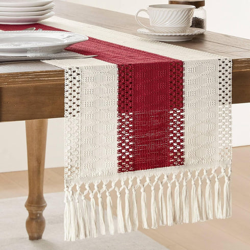 ZeeMart Macrame Style Bicolor Stitching Table Runner, 14 x 72 Inch Red/Ivory,