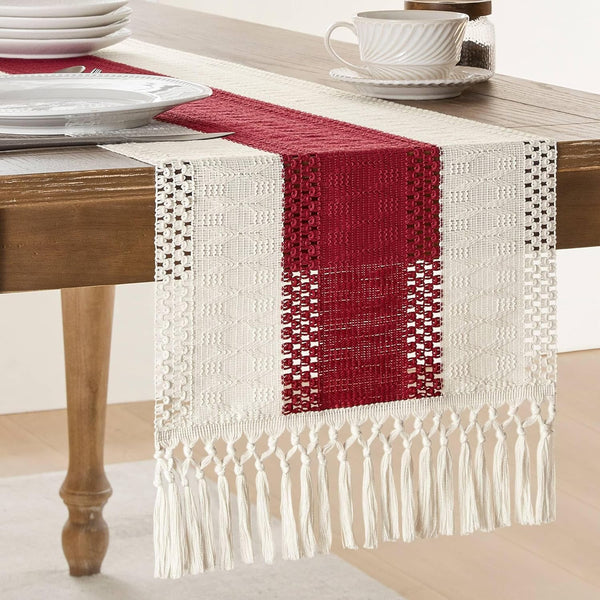 ZeeMart Macrame Style Bicolor Stitching Table Runner, 14 x 72 Inch Red/Ivory,