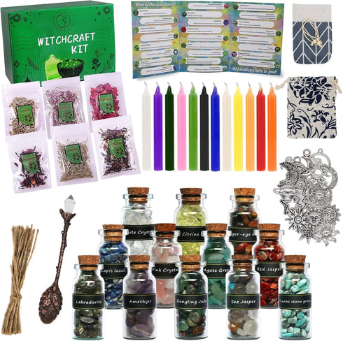 IRmm 85 Witchcraft Supplies Kit, PCS Wiccan Supplies and Tools, Include Dried Herbs, Crystal Jars, Colored Candles