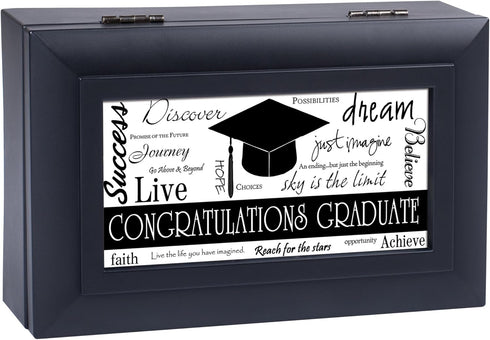 Cottage Garden Congratulations Graduate Jewelry Music Box - Matte Black Petite, Plays Wonderful World