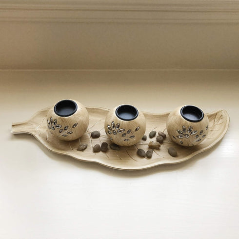 allgala Wooden Candle Holder Tray, 3 Ball Orbs Set with Pebbles on Leaf Tray for Living Room D cor