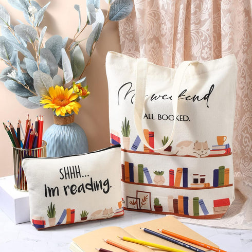Sieral 2 Pcs Book Lovers Gifts Bookshelf Tote Bag Makeup Reading Canvas Bag Reusable Book Tote Bag Cosmetic Pencil
