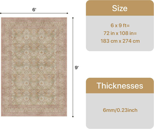 6x9, Bavni Vintage Floral Rugs Washable Area Rug with Non Slip Backing, Low Pile for Living Room, Nursery,Bedroom