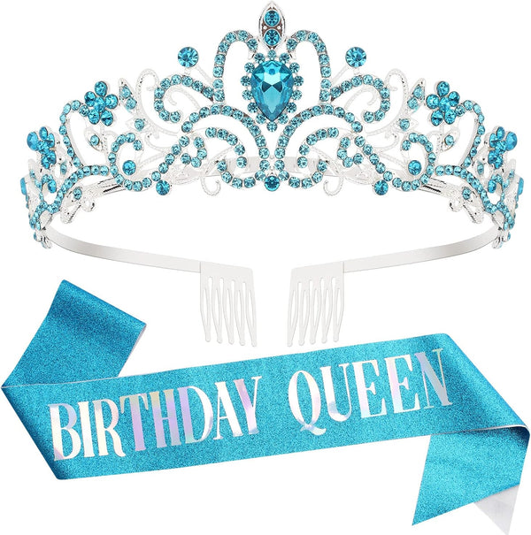 Birthday Crowns for Women, Blue Rhinestone Tiara with Sash, Birthday Queen Crown and Sash for Women