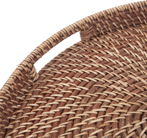 13.8"x2") Round Rattan Woven Serving Tray with Handles Ottoman Tray for Breakfast, Drinks, Snacks for Coffee Table