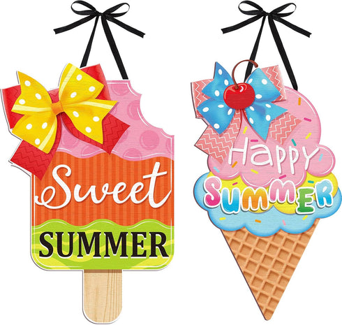 2 Pieces Ice Cream Sandbeach Hanging Sign Happy Summer Wood Sign Sweet