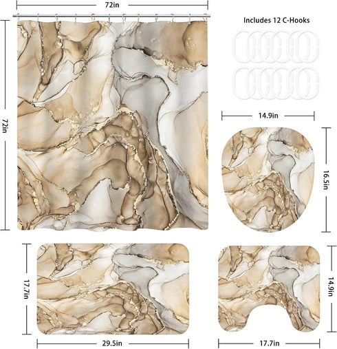 4PCS Sets Sets Set Beige Marble Bathroom with Shower Curtain and Rugs, Abstract Shower Curtain with Rugs for Bathroom