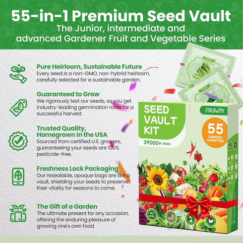 55 Pack 39,000+ (55 Vegetable Seeds Variety - Heirloom Seeds for Planting Vegetables and Fruits, Non-GMO Garden Seeds