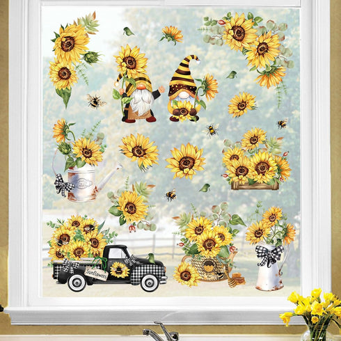 decalmile Sunflower Double Sided Window Clings, Gnomes Summer Flowers Window Stickers for Glass Doors