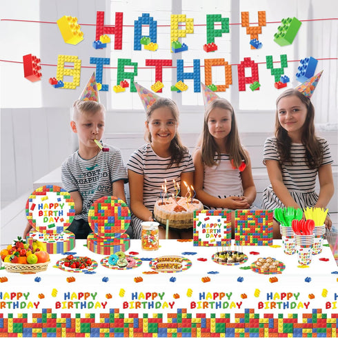 177 25 LINHAXM Pcs Building Block Birthday Party Supplies, Colorful Plates, Napkins, Cups, Tablecloth, Banner for Boys