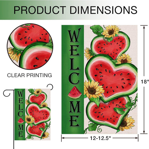 Welcome Summer Watermelon Garden Flag, Double Sided Sunflower Decorative Outdoor Home Decor, 12 x 18