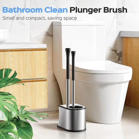 Set: 2 1 HAMITOR Toilet Plunger and Brush in Stainless Steel Rustproof Combo with Deep Cleaning Curved Bristles - Heavy